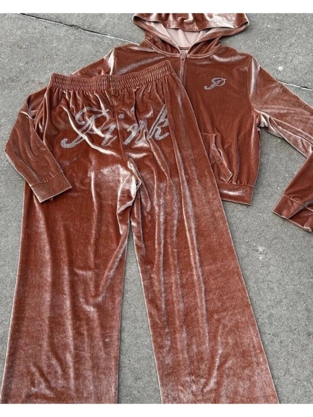 PINK Victoria’s Secret velour shine cropped logo hoodie and wide leg pants!